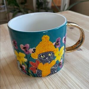 Anthropologie Francesca Kaye Feline Atelier Floral Teal and Gold Cat Coffee Mug